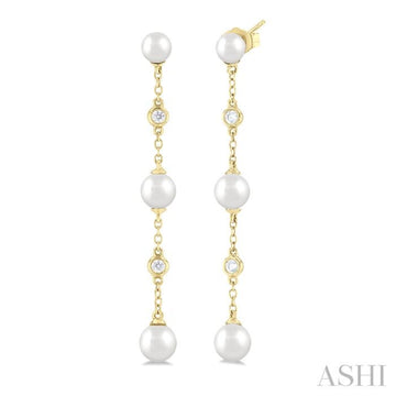 4 MM, 5 MM & 6 MM Round Shape Cultured Pearls and 1/10 Ctw Round Cut Diamond Station Long Earring in 14K Yellow Gold